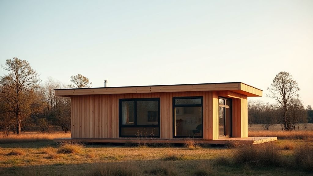 Petite maison modulaire en bois avec accents terracotta dans un cadre naturel lumineux