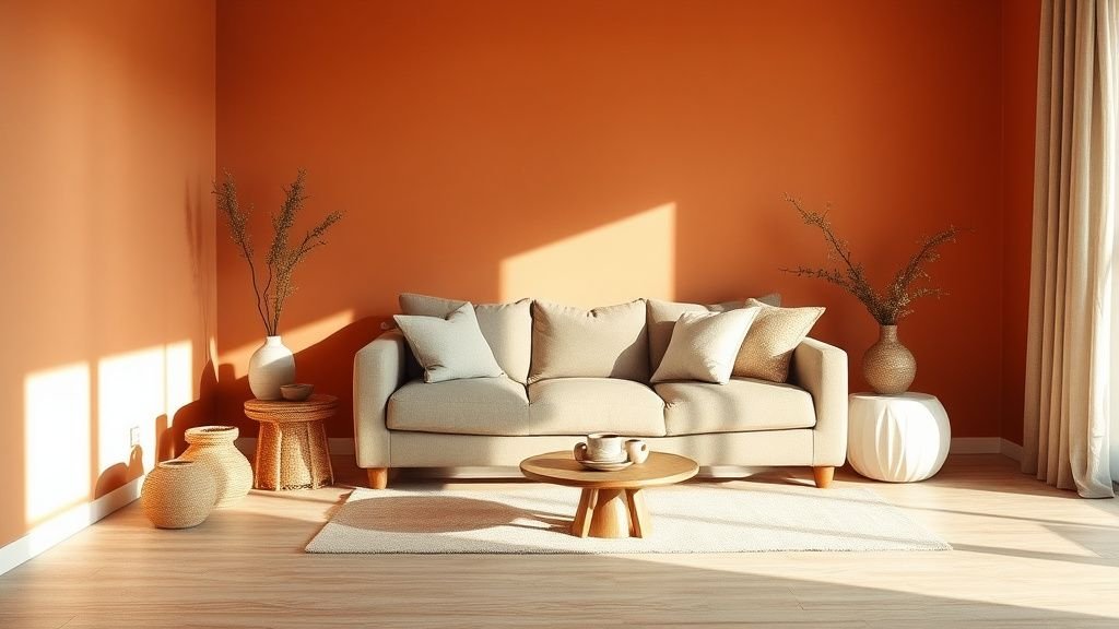 Intérieur compact avec mur terracotta mat, bois clair et textiles naturels sous lumière douce