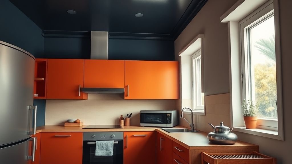 Petite cuisine terracotta avec façades chaudes, bois clair et plafond bleu profond sous lumière naturelle