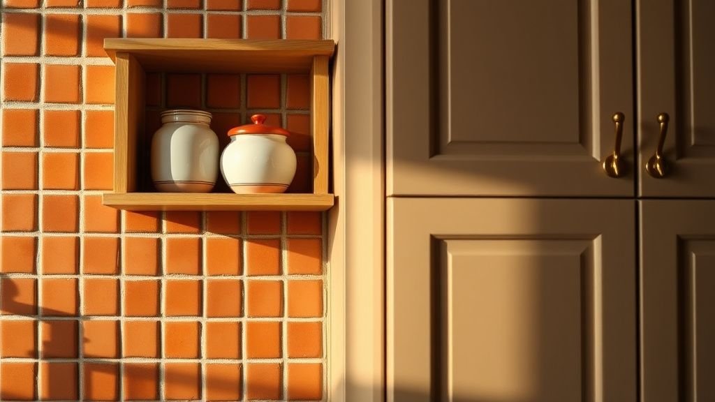 Crédence en zellige terracotta avec étagère murale et accessoires en céramique dans une cuisine compacte