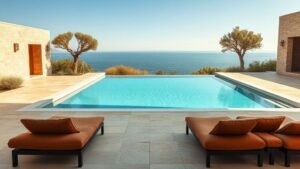 Piscine rectangulaire dans un jardin méditerranéen avec terrasse en pierre chaude et végétation légère