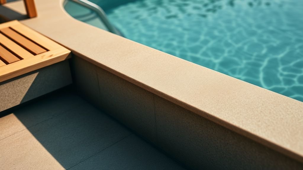 Détail d’une margelle en pierre naturelle au bord d’une piscine avec eau mate et ombres de graminées