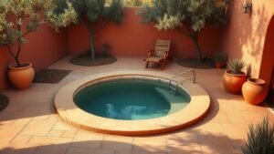 Petite plunge pool terracotta entourée de pierre chaude, de pots en terre cuite et de végétation méditerranéenne
