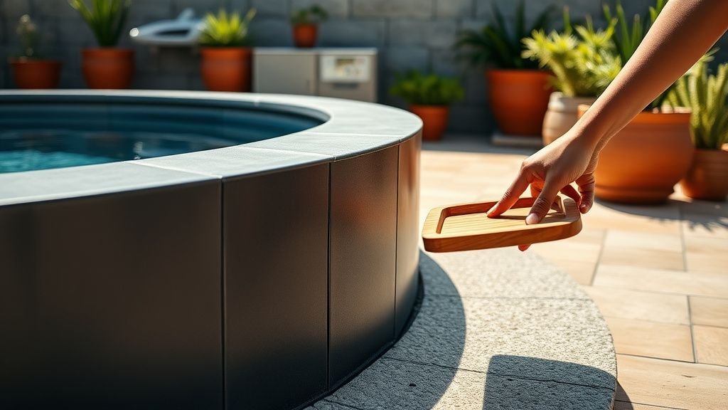Détail d’une plunge pool avec bord en pierre, pots terracotta et terrasse en bois sous lumière naturelle