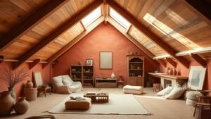 Studio mansardé aux tons terracotta avec poutres apparentes, lumière naturelle et mobilier bas
