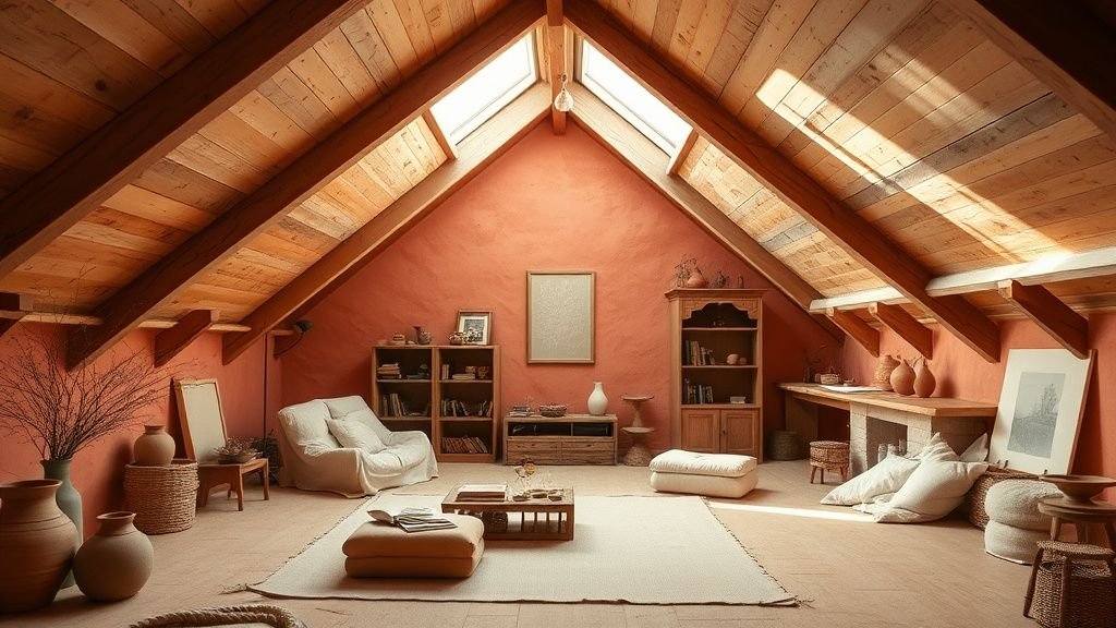 Studio mansardé aux tons terracotta avec poutres apparentes, lumière naturelle et mobilier bas