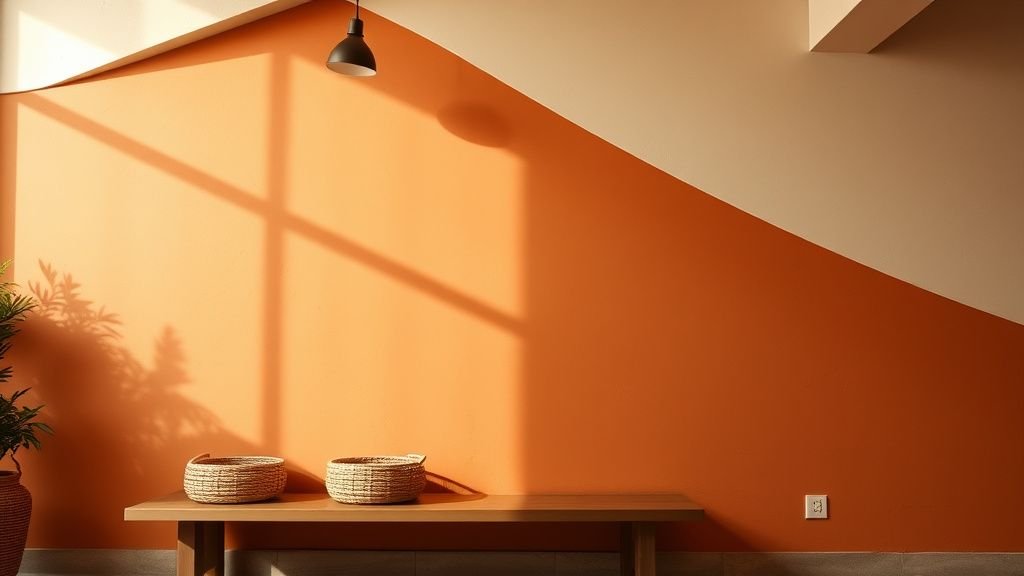 Mur d’accent terracotta sous pente avec applique murale et rangements bas en matières naturelles