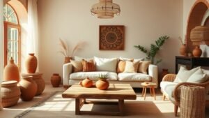 Salon inspiré du style Comporta avec terracotta, lin et bois chaud sous une lumière naturelle douce
