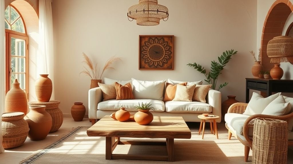 Salon inspiré du style Comporta avec terracotta, lin et bois chaud sous une lumière naturelle douce