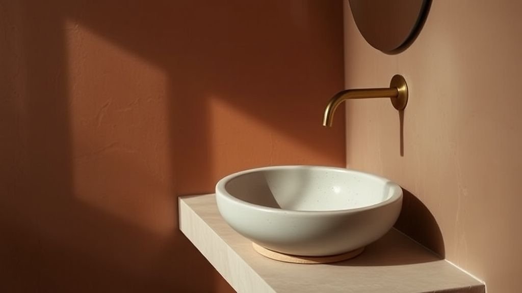 Coin salle de bains avec zellige terracotta, enduit minéral et matières artisanales