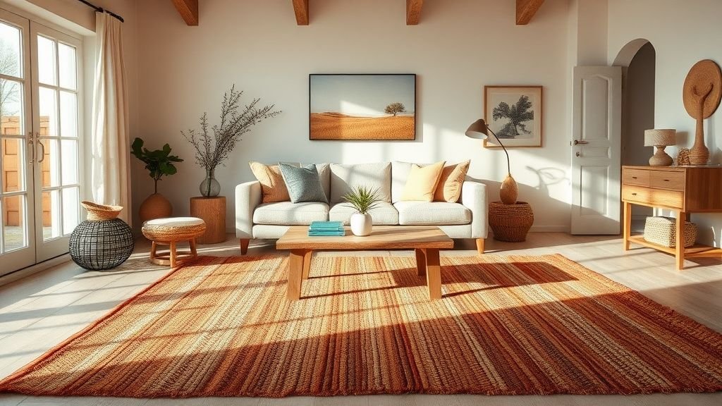 Salon lumineux avec tapis terracotta tissé à la main, bois brut et murs clairs dans une ambiance côtière