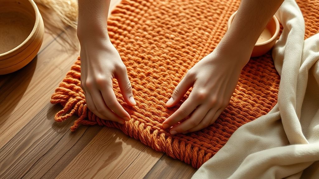Mains ajustant un tapis terracotta tissé sur un sol en bois, avec matières naturelles et lumière douce