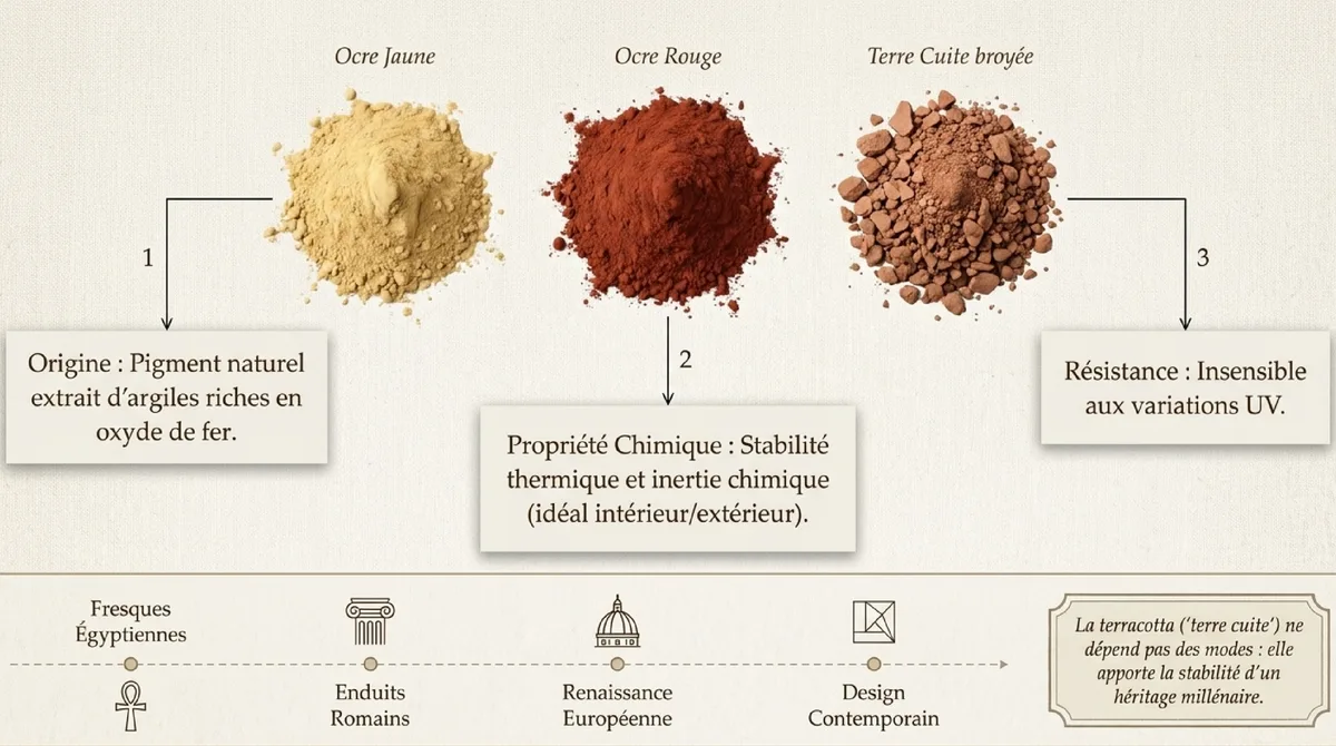 Infographie Peinture ocre terracotta : techniques d’application, finitions et tests pour une décoration intérieure maîtrisée