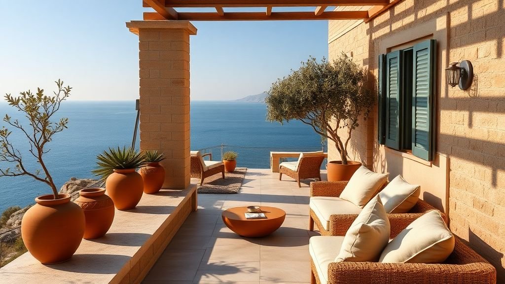 Terrasse en pierre d’une maison en bord de mer avec accents terracotta et vue sur la mer