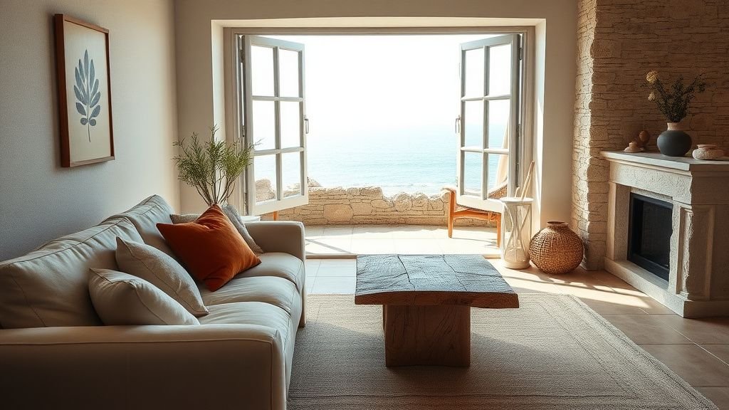 Salon côtier lumineux avec canapé en lin, coussin terracotta et mur en pierre