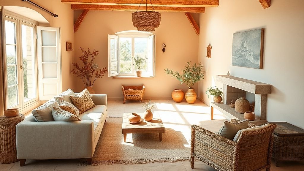 Salon d’été lumineux avec accents terracotta, lin et bois brut sous une lumière naturelle douce