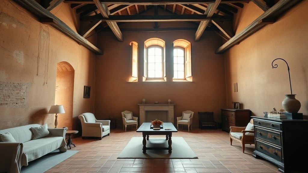 Salon ancien rénové avec murs terracotta, sol en tomettes et lumière naturelle douce