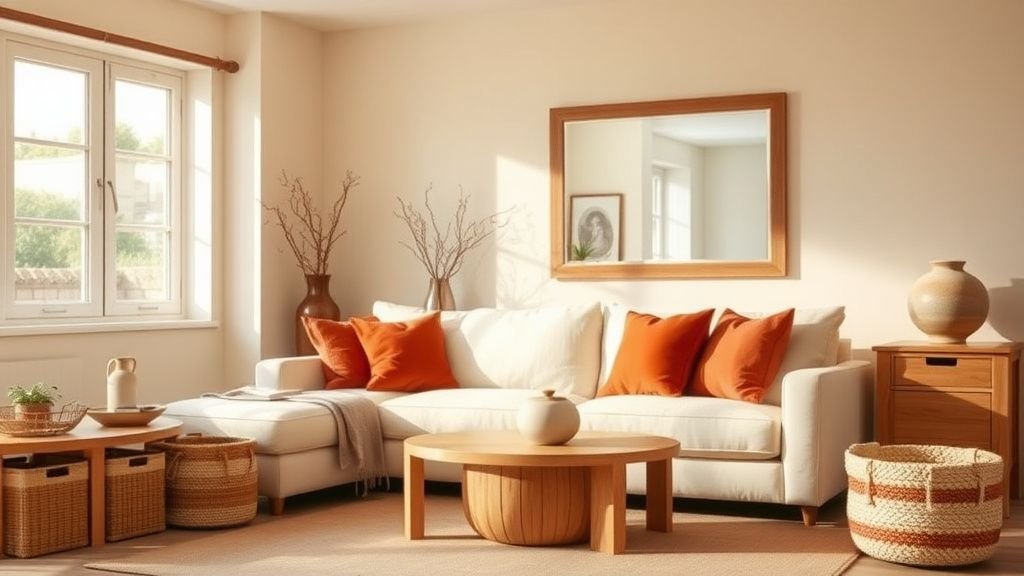 Salon rangé et lumineux avec canapé ivoire, coussins terracotta et rangements en bois clair