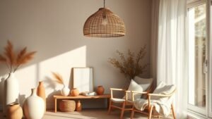 Salon chaleureux avec lampe en bambou, céramiques terracotta et textiles folk sous lumière naturelle