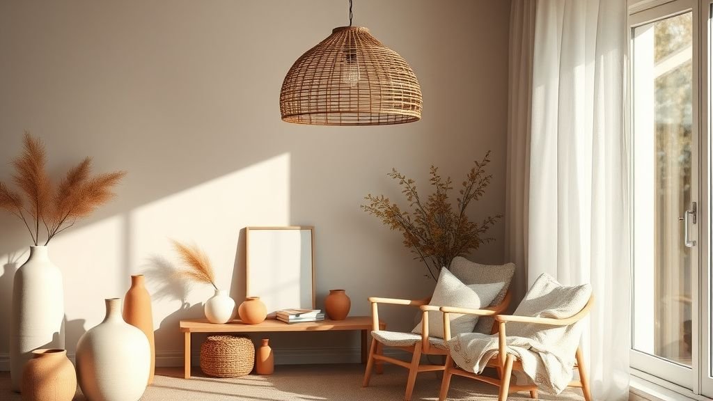 Salon chaleureux avec lampe en bambou, céramiques terracotta et textiles folk sous lumière naturelle