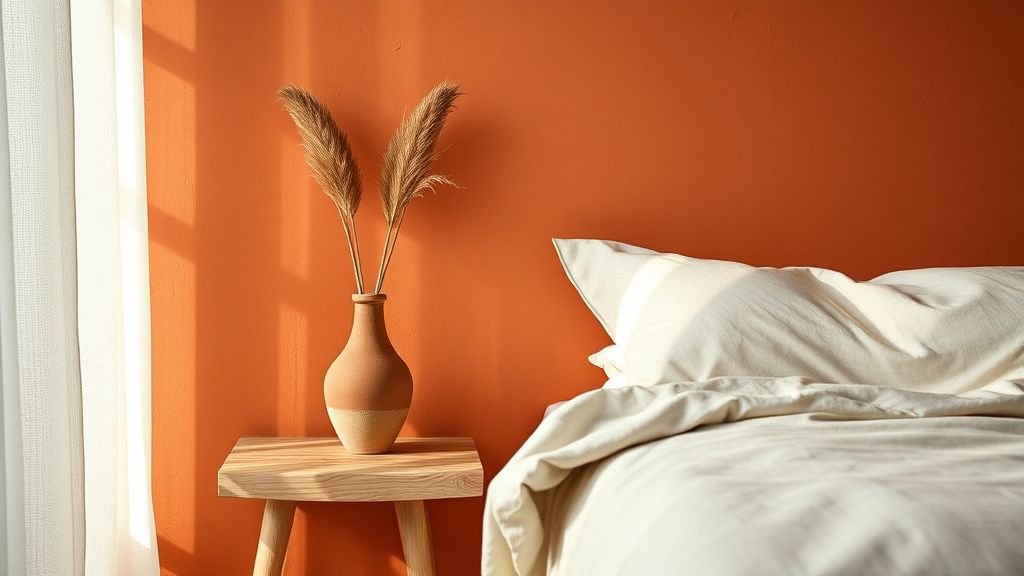 Chambre d’été avec soubassement terracotta, linge de lit en lin et vase en terre cuite