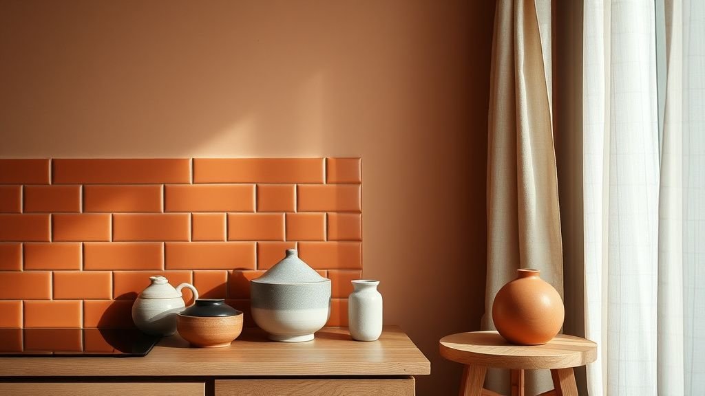 Composition de matières naturelles avec zellige, chaux et textiles lin dans des tons terracotta
