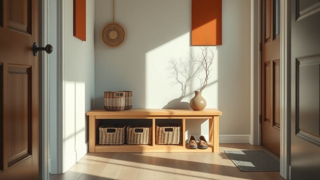 Entrée organisée avec banc de rangement, mur terracotta et matières naturelles