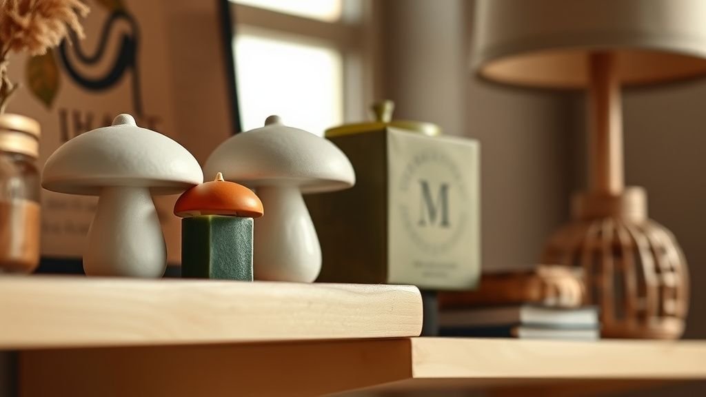 Étagère décorée de céramiques champignons, bougie verte et matière bambou en lumière douce