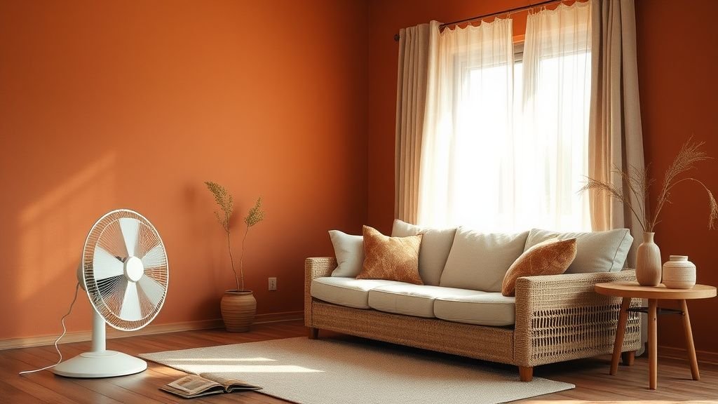 Ventilateur blanc mat dans un salon terracotta lumineux avec matières naturelles et lumière d’été