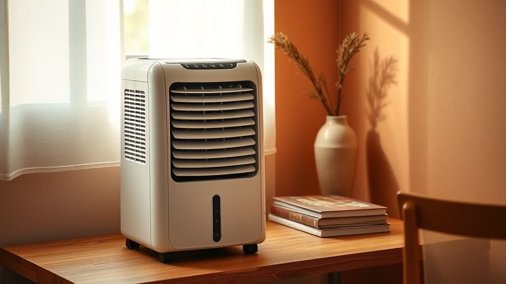 Rafraîchisseur d’air compact posé près d’un bureau en bois dans un intérieur terracotta calme