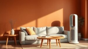 Ventilateur sans pales dans un salon terracotta avec canapé en lin et bois clair, lumière naturelle
