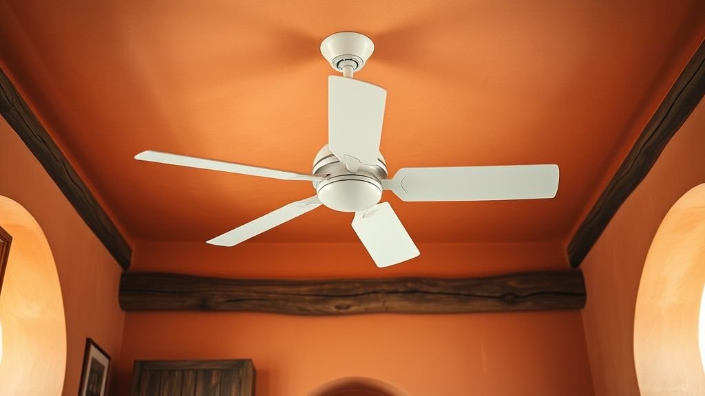 Ventilateur sans pales de plafond dans un intérieur méditerranéen aux murs terracotta et lumière douce