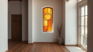 Vitrail contemporain diffusant une lumière chaude sur un mur clair dans un intérieur terracotta