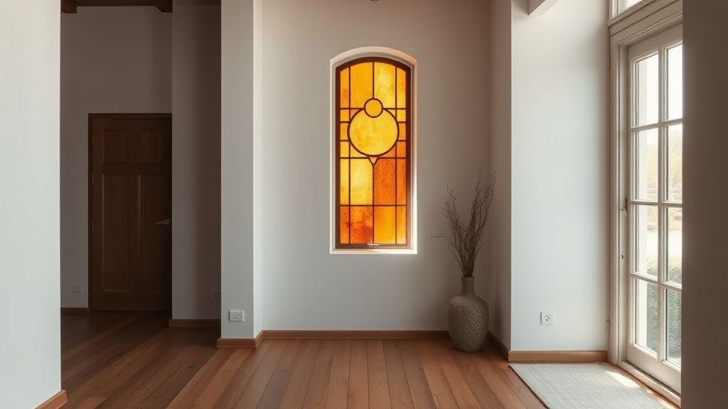 Vitrail contemporain diffusant une lumière chaude sur un mur clair dans un intérieur terracotta