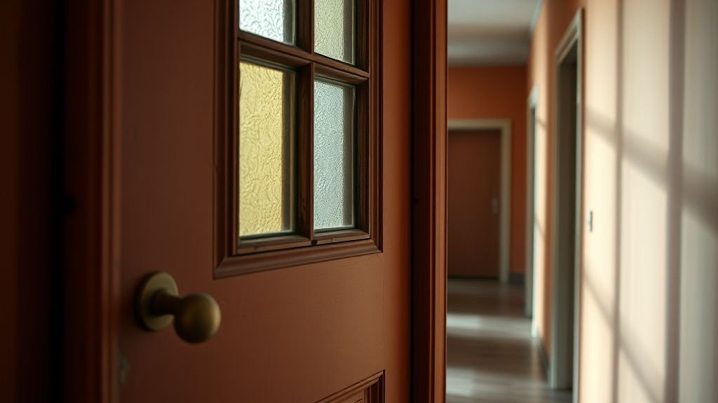Porte ancienne à petits carreaux avec verres colorés devant un mur terracotta dans un couloir