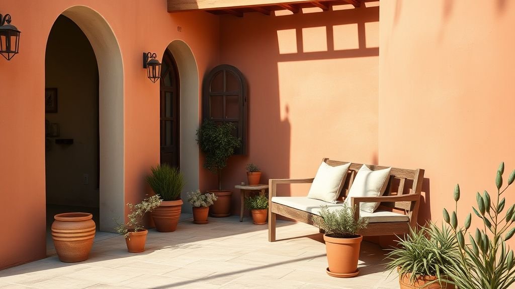 Terrasse terracotta avec banc en bois, pots en terre cuite et lumière naturelle douce
