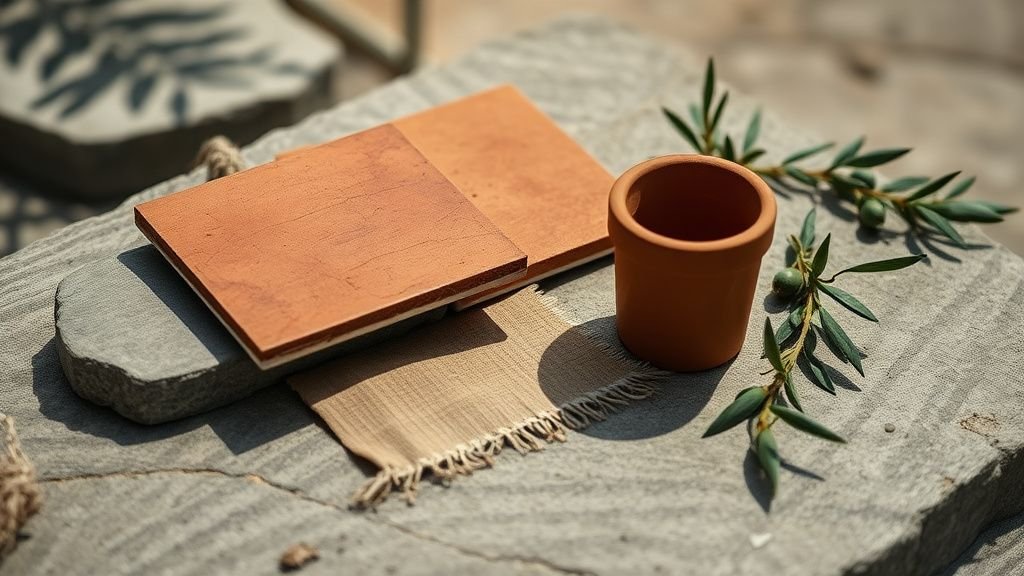 Palette de matières pour aménagement extérieur terracotta avec terre cuite, bois et végétation