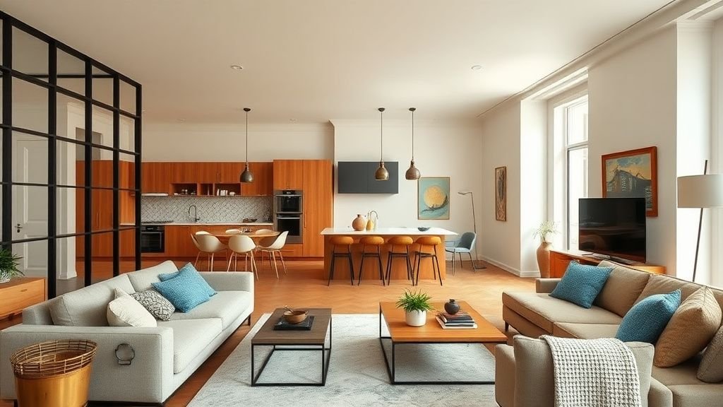 Salon et cuisine ouverte d’un appartement années 70 terracotta avec bois, verrière noire et lumière naturelle