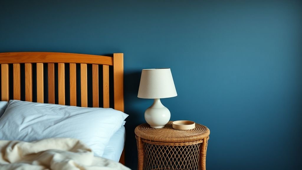 Coin chambre terracotta avec tasseaux en chêne, table de chevet en cannage et lampe en céramique