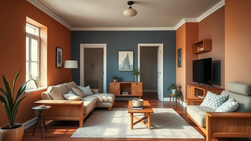 Appartement terracotta compact avec salon chaleureux, bois naturel et accents bleu profond
