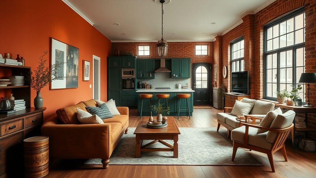 Salon d’appartement éclectique avec mur terracotta, bois chaud, brique apparente et cuisine vert forêt