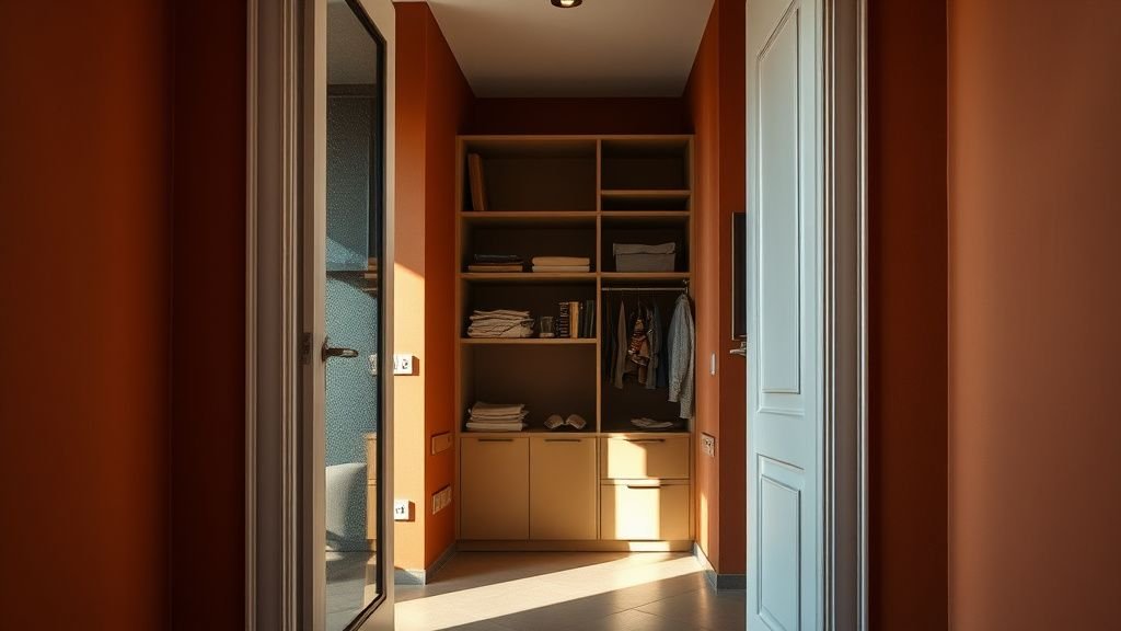 Entrée d’appartement terracotta avec verrière texturée et rangements toute hauteur