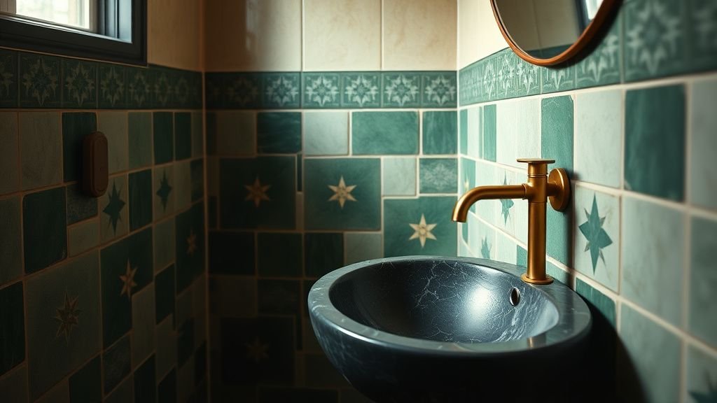 Salle de bain avec carrelage étoilé vert sapin et blanc cassé, robinetterie laiton et vasque minérale