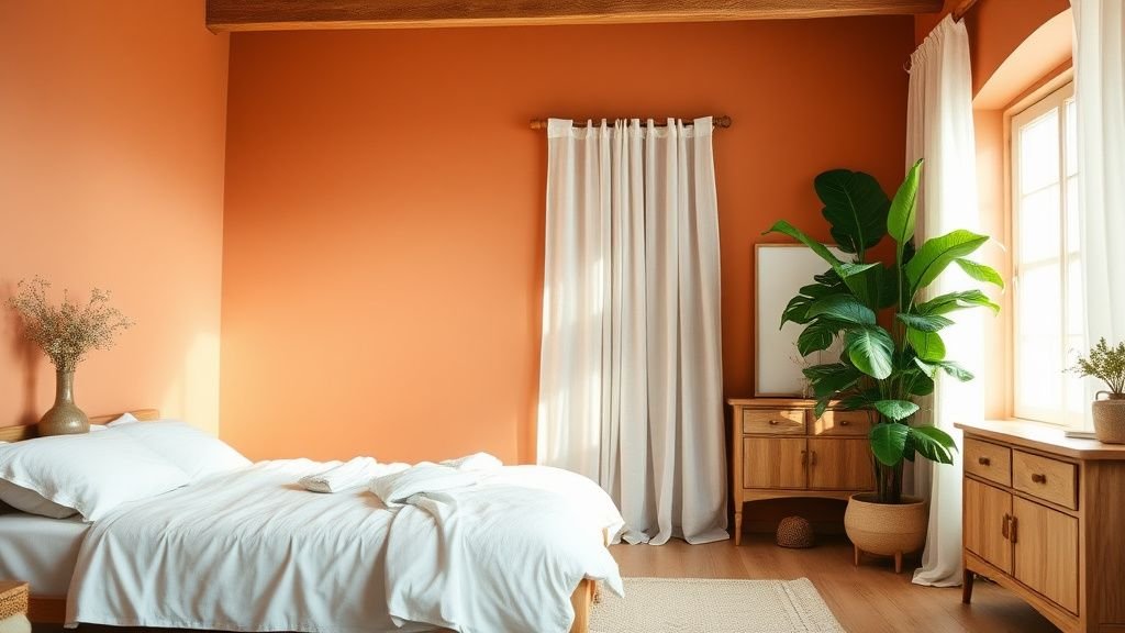Chambre d’été avec linge de lit en lin blanc, rideaux clairs, plante verte et accents terracotta