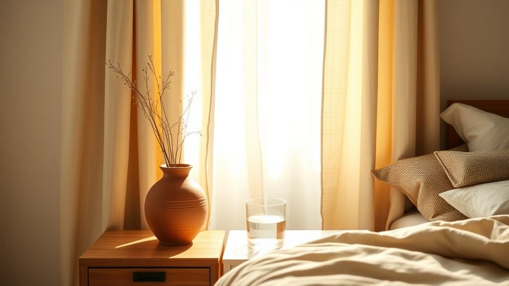 Rideaux en lin filtrant la lumière près d’une table de nuit en bois et d’un vase terracotta