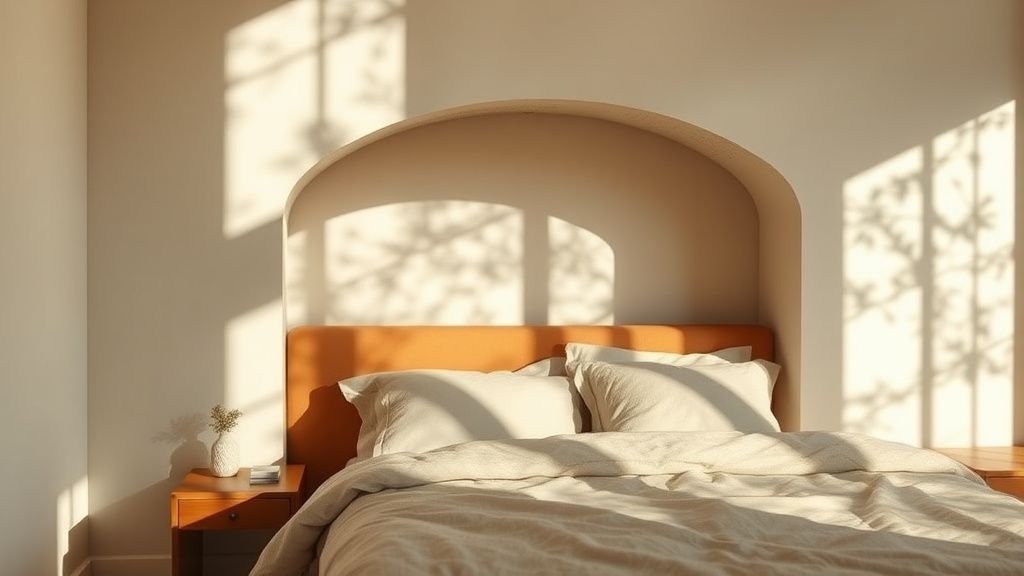 Tête de lit en claustra de terre cuite dans une chambre douce avec ombres géométriques