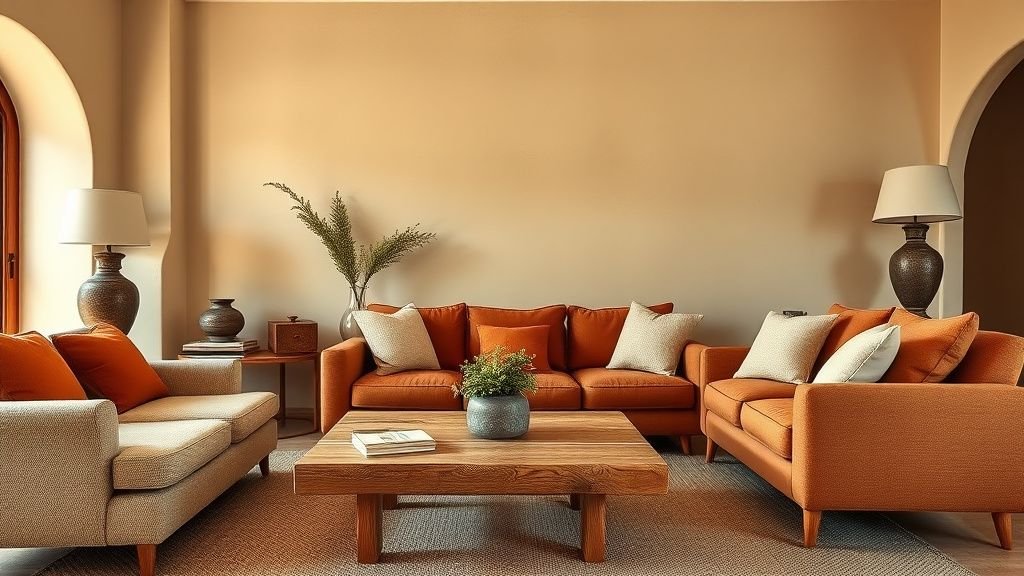 Salon contemporain aux tons terracotta avec bois clair, lin texturé et lumière naturelle douce