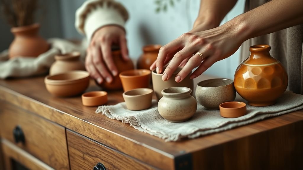 Mains disposant des objets en céramique terracotta sur un meuble en bois sous lumière naturelle