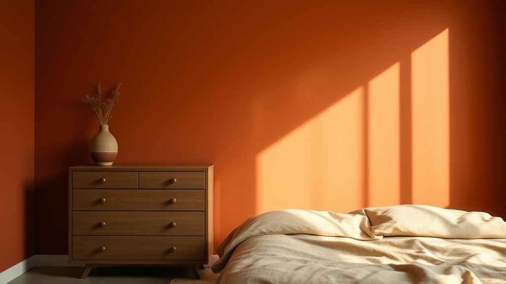 Chambre terracotta avec commode en bois mat, linge beige et lumière naturelle douce