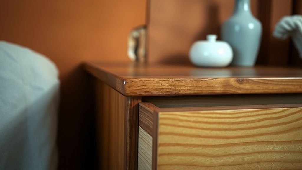 Gros plan sur une commode en bois devant un mur terracotta avec tiroir ouvert et lumière naturelle